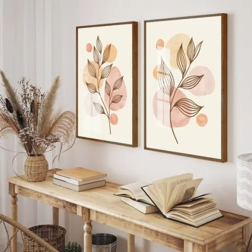 Kit 2 Quadros Decorativos Folhagem Flores com Moldura Vidro