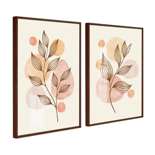 Kit 2 Quadros Decorativos Folhagem Flores com Moldura Vidro