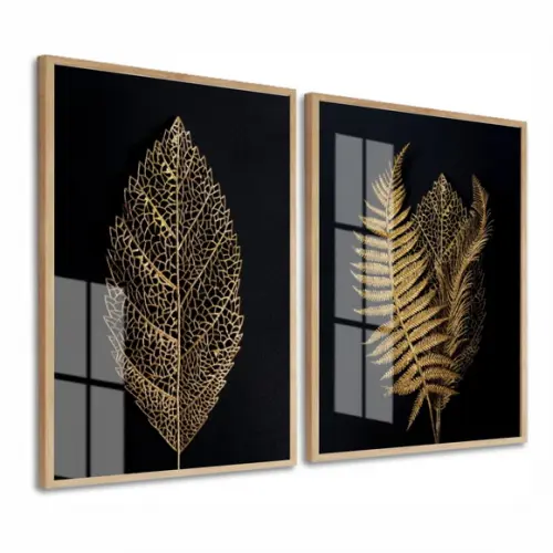 Kit 2 Quadros Decorativos Folhagem Gold Com Moldura E Vidro