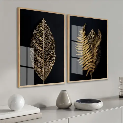 Kit 2 Quadros Decorativos Folhagem Gold Com Moldura E Vidro