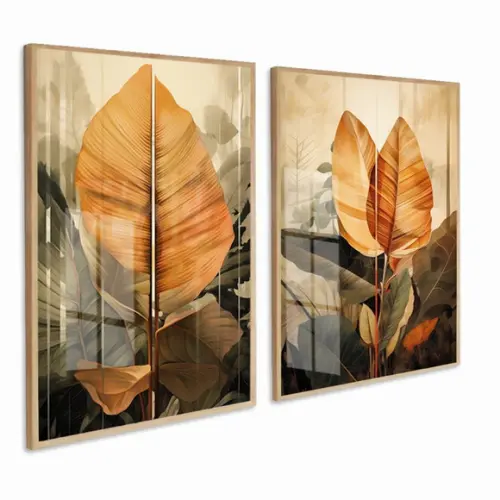 Kit 2 Quadros Decorativos Folhagem Moderna Moldura e Vidro