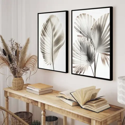 Kit 2 Quadros Decorativos Folhagem Moderna Moldura e Vidro