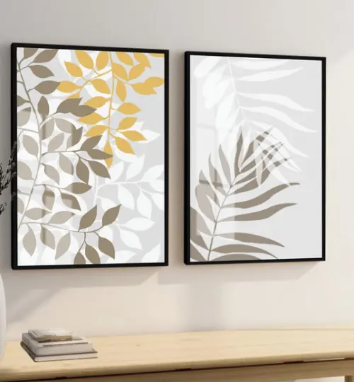 Kit 2 Quadros Decorativos Folhagem Moderna Moldura e Vidro