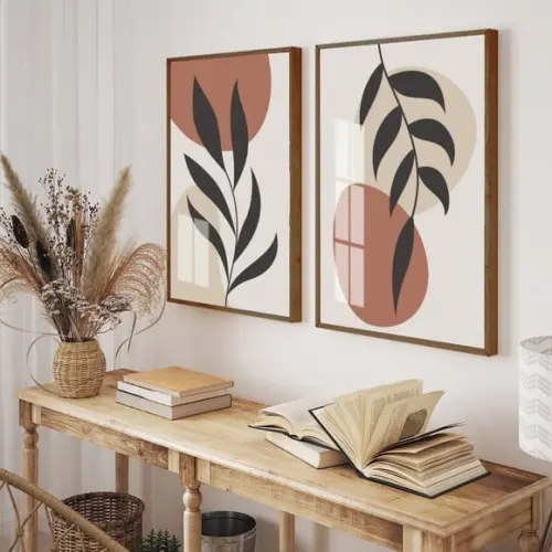 Kit 2 Quadros Decorativos Folhagem Moderno Moldura e Vidro