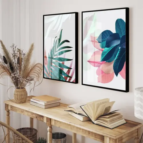 Kit 2 Quadros Decorativos Folhagem Moderna Moldura E Vidro