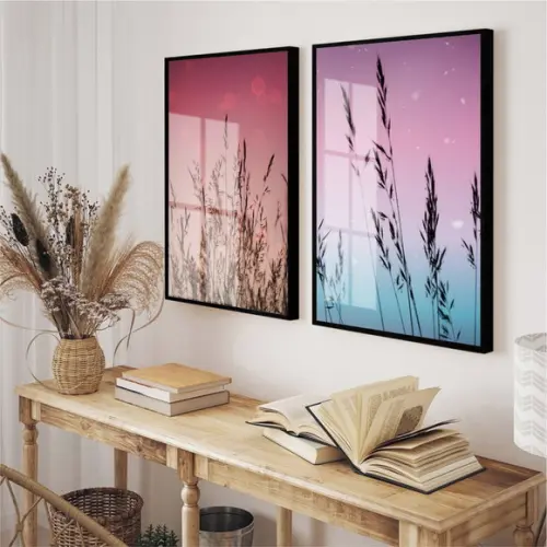 Kit 2 Quadros Decorativos Folhagem Paisagem Moldura e Vidro