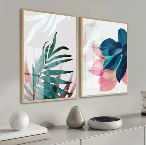 Kit 2 Quadros Decorativos Folhagem Para Sala Moldura E Vidro
