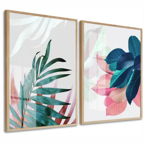 Kit 2 Quadros Decorativos Folhagem Para Sala Moldura E Vidro
