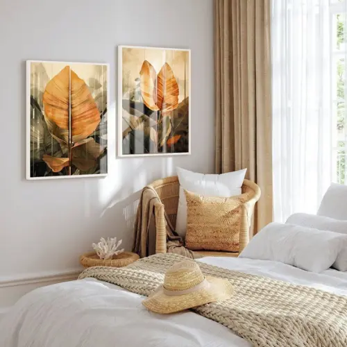 Kit 2 Quadros Decorativos Folhagem Sala de Jantar com Vidro