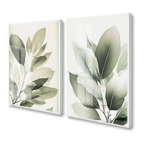 Kit 2 Quadros Decorativos Folhagem Verde com Moldura e Vidro