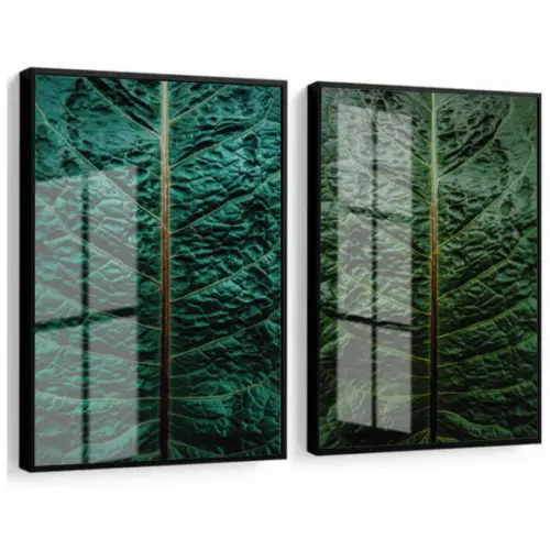 Kit 2 Quadros Decorativos Folhagem Verde Com Moldura e Vidro
