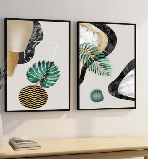 Kit 2 Quadros Decorativos Folhagem Verde Dourada Com Moldura