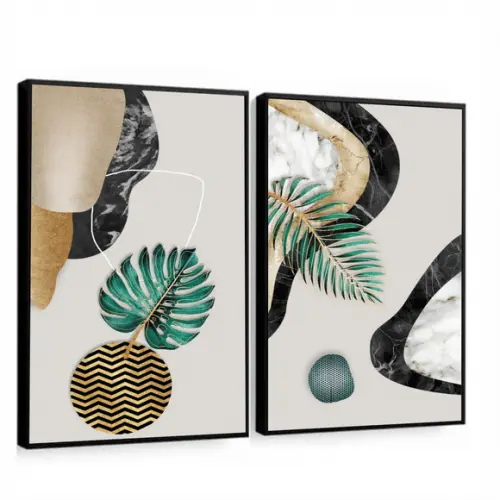 Kit 2 Quadros Decorativos Folhagem Verde Dourada Com Moldura
