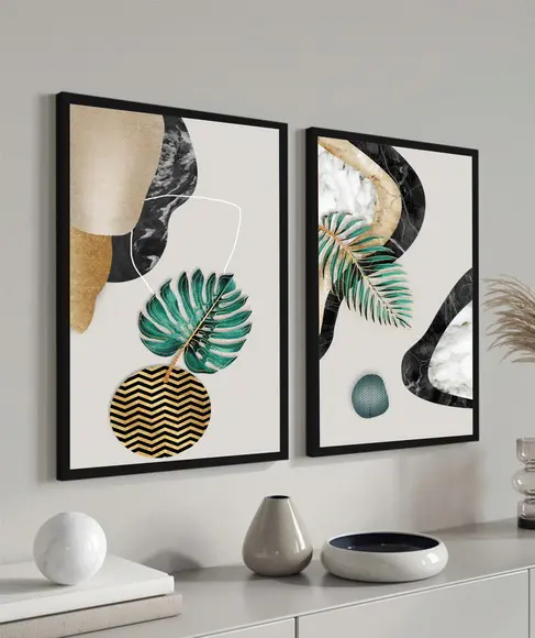 Kit 2 Quadros Decorativos Folhagem Verde Dourada Com Moldura