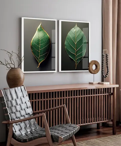 Kit 2 Quadros Decorativos Folhagem Verde Moderna com Vidro