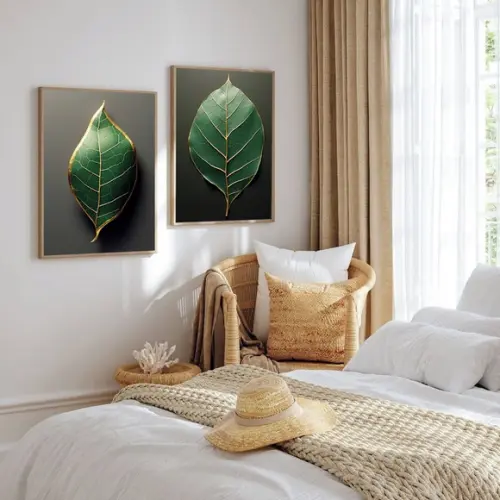 Kit 2 Quadros Decorativos Folhagem Verde Gold Luxo Moldura