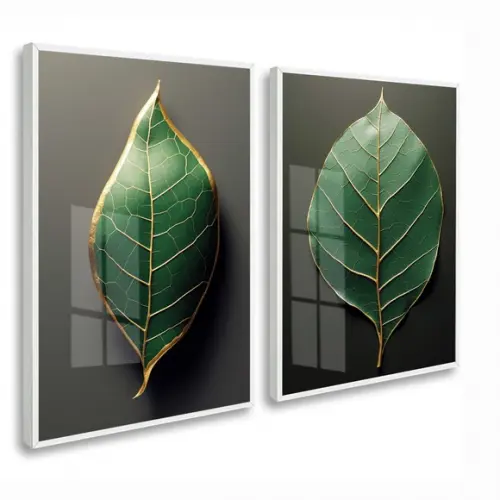 Kit 2 Quadros Decorativos Folhagem Verde Moderna com Vidro
