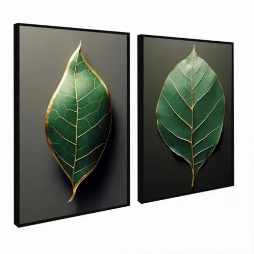 Kit 2 Quadros Decorativos Folhagem Verde Sala Hall Moldura