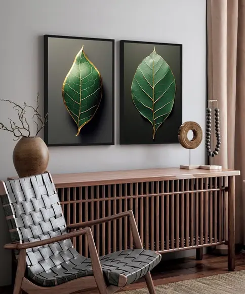 Kit 2 Quadros Decorativos Folhagem Verde Sala Hall Moldura