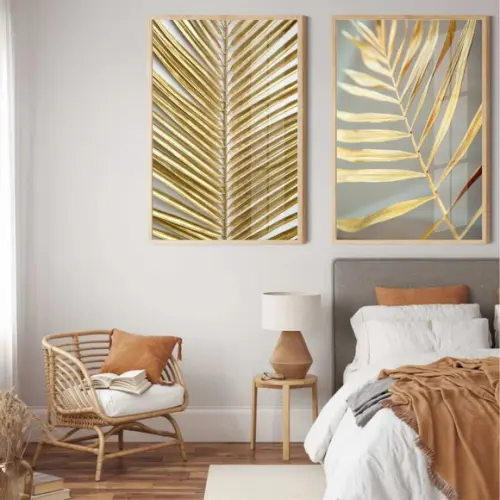 Kit 2 Quadros Decorativos Folhagens Douradas Moldura e Vidro