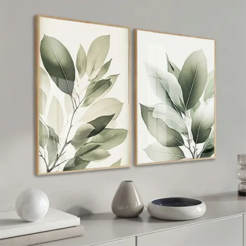 Kit 2 Quadros Decorativos Folhagem Verde Vidro e Moldura