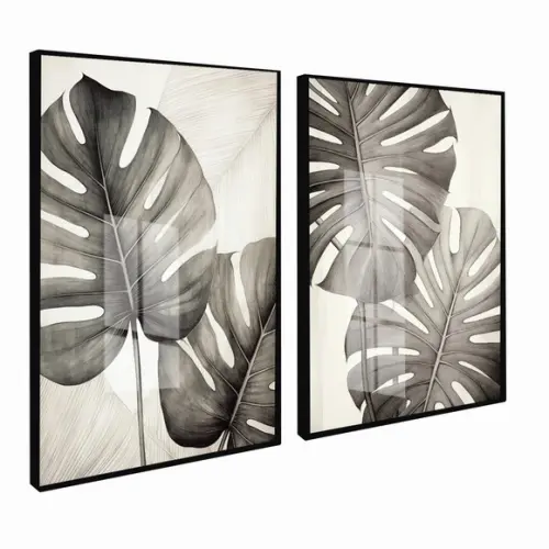 Kit 2 Quadros Decorativos Folhas Costela de Adão com Vidro