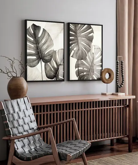 Kit 2 Quadros Decorativos Folhas Costela de Adão com Vidro