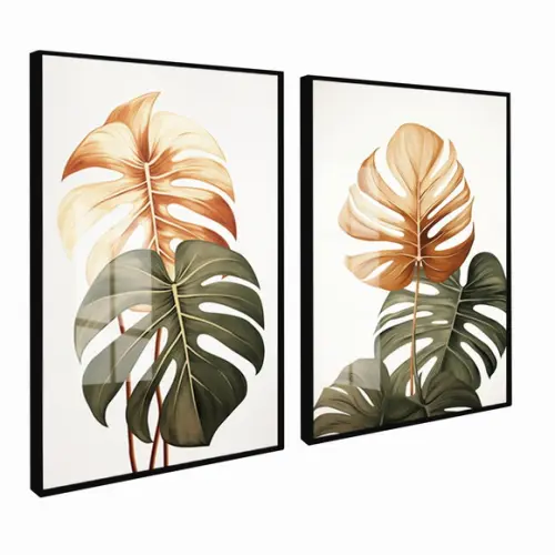 Kit 2 Quadros Decorativos Folhas Costela de Adão com Vidro