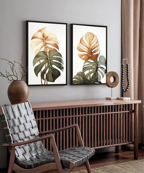 Kit 2 Quadros Decorativos Folhas Costela de Adão com Vidro