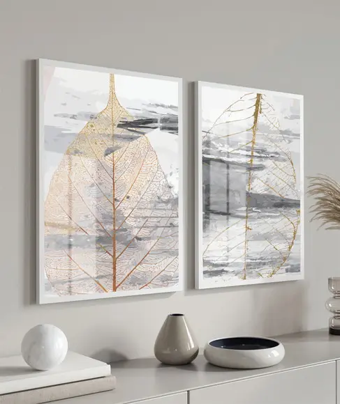 Kit 2 Quadros Decorativos Folhas Douradas Moldura e Vidro