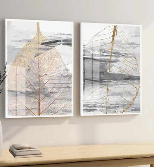 Kit 2 Quadros Decorativos Folhas Douradas Moldura e Vidro