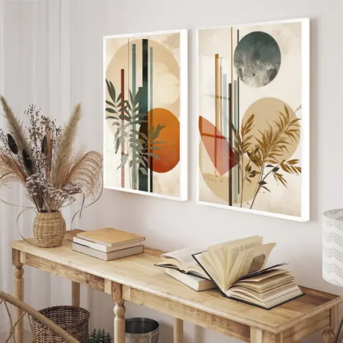 Kit 2 Quadros Decorativos Folhas Geométrico Moldura e Vidro