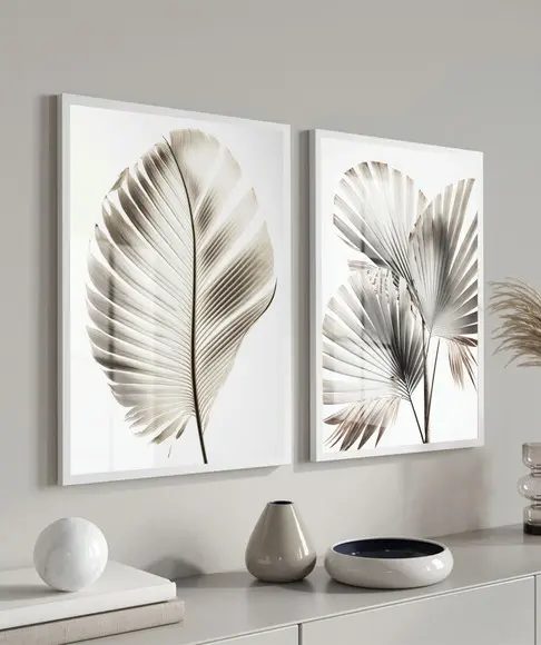 Kit 2 Quadros Decorativos Folhas Modernas com Moldura Vidro
