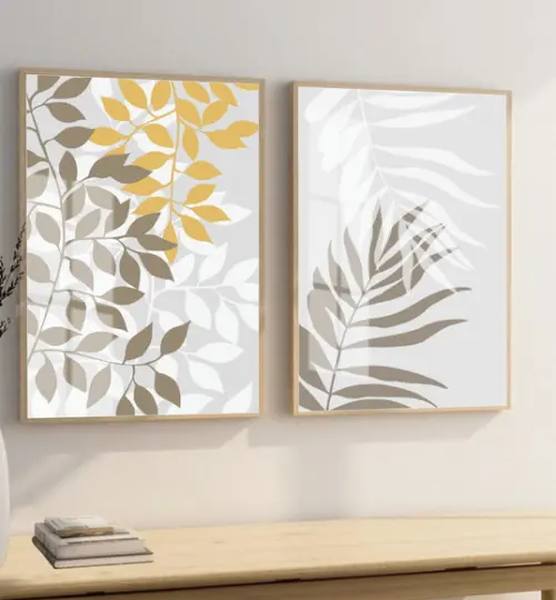 Kit 2 Quadros Decorativos Folhas Modernas com Moldura Vidro