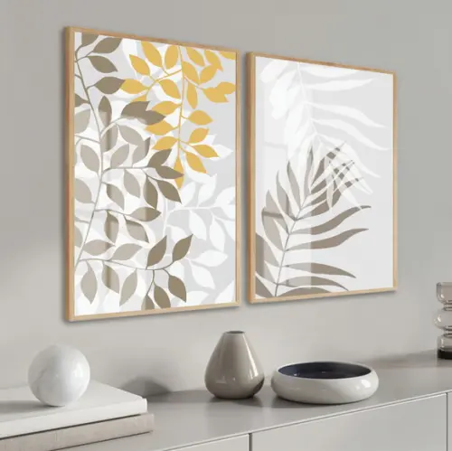 Kit 2 Quadros Decorativos Folhas Modernas com Moldura Vidro