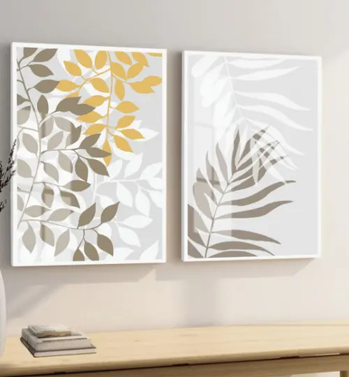 Kit 2 Quadros Decorativos Folhas Modernas Moldura e Vidro