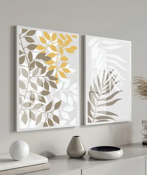 Kit 2 Quadros Decorativos Folhas Modernas Moldura e Vidro