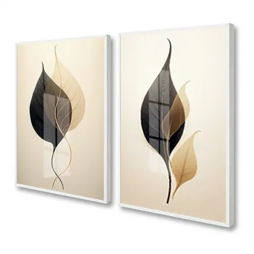Kit 2 Quadros Decorativos Folhas Sala Moderna Moldura Vidro