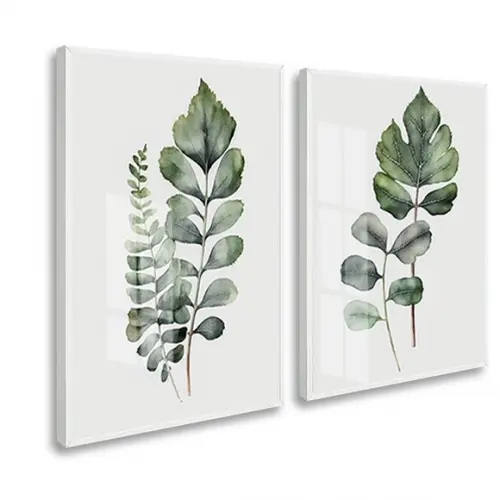 Kit 2 Quadros Decorativos Folhas Verde com Vidro e Moldura