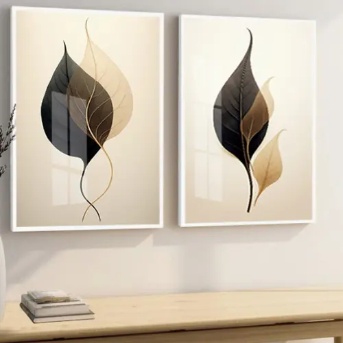 Kit 2 Quadros Decorativos Folhas Sala Moderna Moldura Vidro