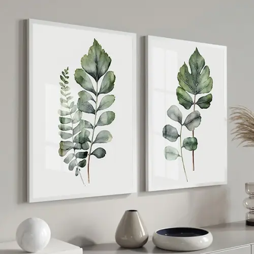 Kit 2 Quadros Decorativos Folhas Verde com Vidro e Moldura