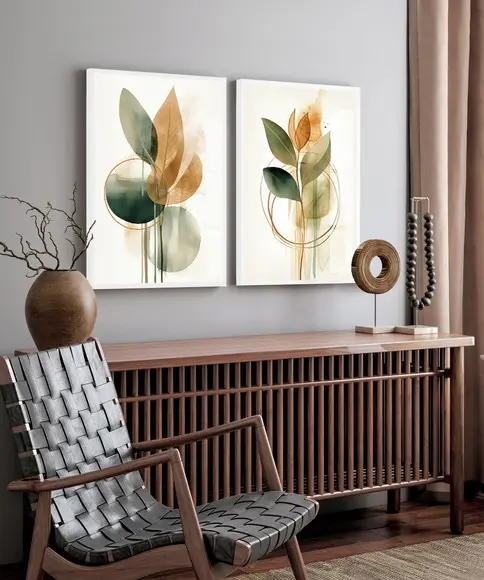 Kit 2 Quadros Decorativos Folhas Verdes Abstrato com Vidro