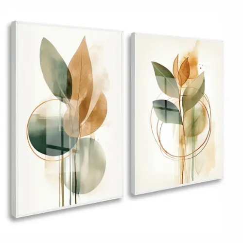 Kit 2 Quadros Decorativos Folhas Verdes Abstrato com Vidro