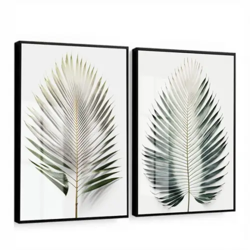 Kit 2 Quadros Decorativos Folhas Verdes com Moldura e Vidro