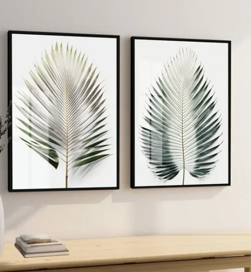 Kit 2 Quadros Decorativos Folhas Verdes com Moldura e Vidro