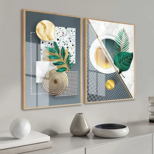 Kit 2 Quadros Decorativos Folhas Verdes Com Moldura E Vidro