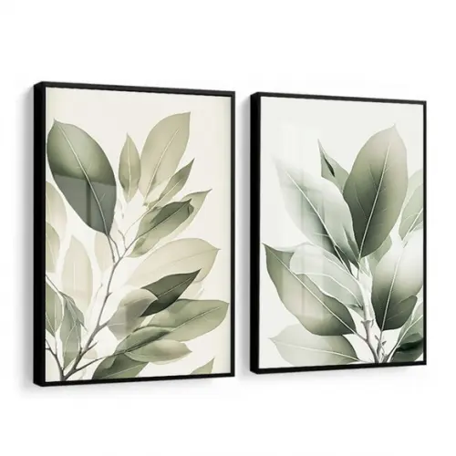 Kit 2 Quadros Decorativos Folhas Verdes com Vidro e Moldura