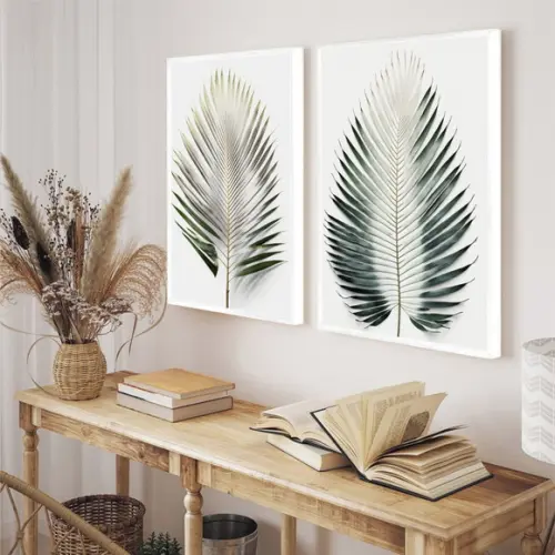 Kit 2 Quadros Decorativos Folhas Verdes Modernas com Moldura