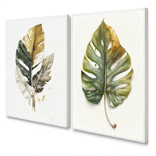 Kit 2 Quadros Decorativos Folhas Verdes para Sala Moldura