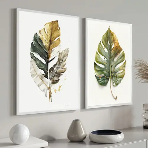 Kit 2 Quadros Decorativos Folhas Verdes para Sala Moldura